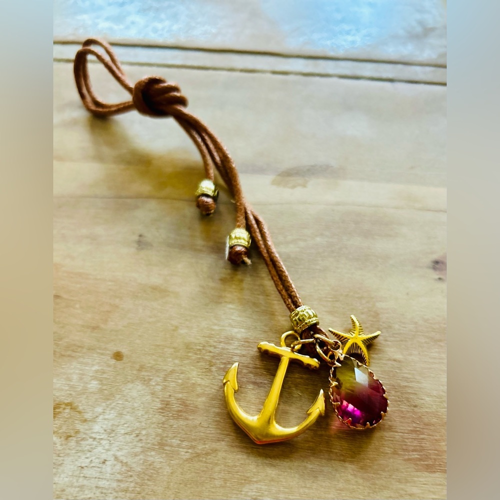 Gold Anchor Pendant Necklace with Purple and yellow ombré glass pendant